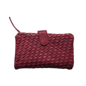 VALENCA HOLLAND Woven Red Leather Bifold Wallet Card Holder Burgundy Weave Boho